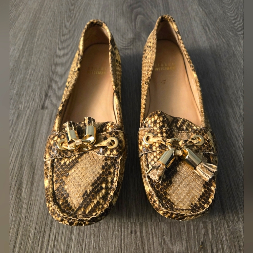 Stuart Weitzman Brown Flats Loafers with Snakeskin Pattern